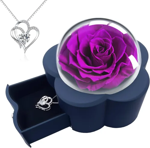 Flores preservadas, rosa, rosa morada real eterna con collar de corazón para novia, mamá, esposa, mujer, regalos del día de San Valentín para ella,