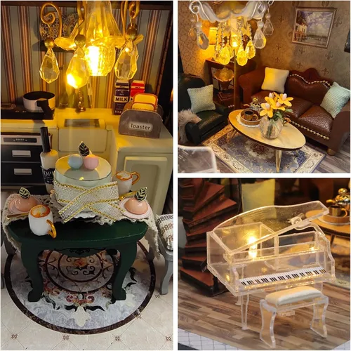 Vista 5 de Lannso Kit de Casa de Muñecas en Miniatura de Bricolaje, Kit de Casa de Muñecas con Cubierta a Prueba de Polvo y Caja de Música, Juguetes de Casa