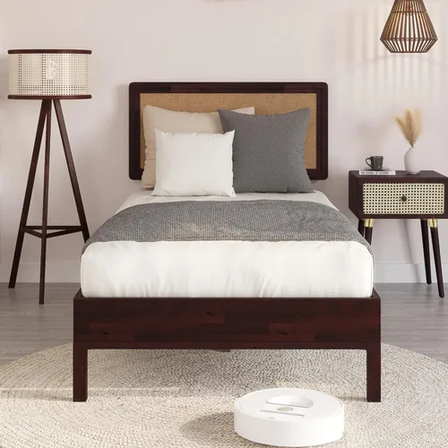 Vista 8 de Bme Nipe - Base de cama bohemia de 14 pulgadas con cabecera tejida ajustable, estilo único rústico y vintage con madera de acacia, no necesita