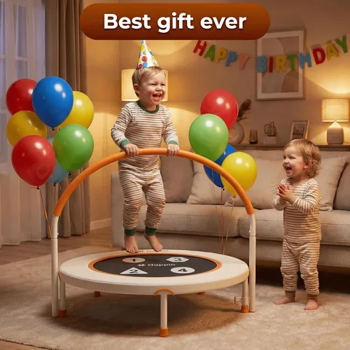 Vista 5 de Happin® 36'' Toddler Trampoline Indoor, Foldable Mini Trampoline for Kids Ages 2-6, ASTM Certified, Adjustable Handle, Safety Pad for Indoor &