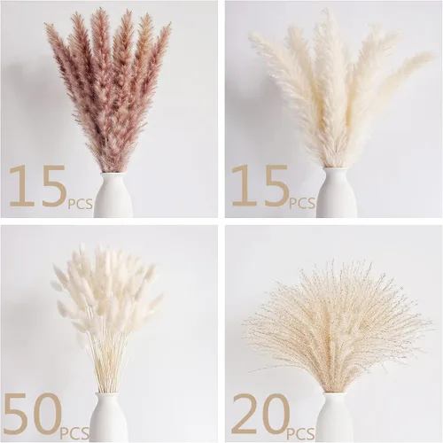 Vista 4 de Decoración de hierba de pampa seca natural, 100 piezas de hierba de pampa que contiene colas de conejo blancas flores secas, ramo de hierba de caña