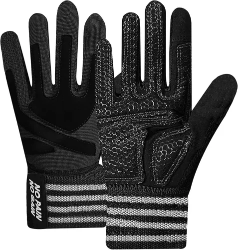 Vista 7 de FINGER TEN Guantes de entrenamiento de levantamiento de pesas, medio dedo completo con soporte para correa de muñeca, agarre acolchado