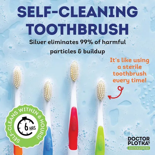 Vista 4 de MOUTHWATCHERS Dr. Plotka's - Cepillos de dientes con hilo dental suave, paquete de 4, azul, cepillo de dientes manual para adultos, ultra limpio