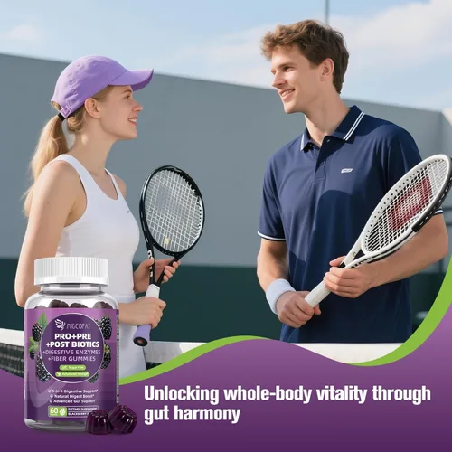 Vista 5 de Migcopat Gomitas de probióticos pre post, enzimas digestivas prebióticas prebióticas posbióticas con fibra, 120 mil millones de probióticos UFC