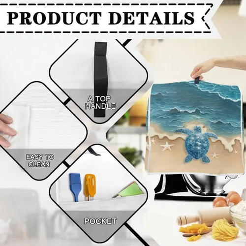 Vista 7 de Talayituse Beach Turtle Starfish Print Stand Mixer Cover for 4.5-5 Quarts Kitchen Aid, Washable Mixer Dust Cover with Handle and Pocket Kitchen