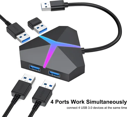 Vista 3 de Hub de puerto USB múltiple, transferencia de datos de alta velocidad de 5 Gbps USB 3.0, adaptador multipuerto expansor de 4 puertos, extensor