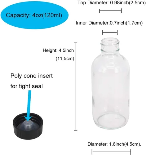 Vista 2 de Paquete de 12 botellas de vidrio transparente de 4 onzas con tapas, embudo, etiquetas de tiza, bolígrafo, botella de extracto de vainilla, botellas