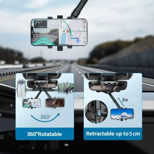 Vista 5 de Kairiyard Soporte para teléfono de coche, soporte para espejo retrovisor de automóvil, giratorio de 360°, multifuncional y retráctil, soporte