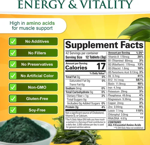 Vista 3 de Sunlit Best Chlorella Spirulina Tablets – Organic USDA, Premium Spirulinas y Chlorella Cápsulas 500 píldoras – Chlorellas Natural Superalimento