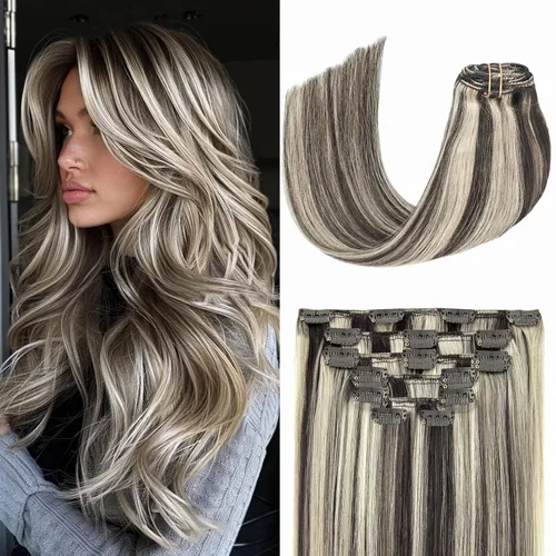 Vista 27 de Aison Extensiones de cabello con clip balayage de cabello humano real, extensiones de cabello ombre 100% de cabello humano para mujer, 12 pulgadas
