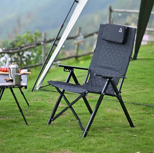 Vista 2 de Silla de campamento reclinable de aluminio, sillas de césped plegables resistentes con respaldo alto ajustable de 4 etapas para adultos, silla Negro