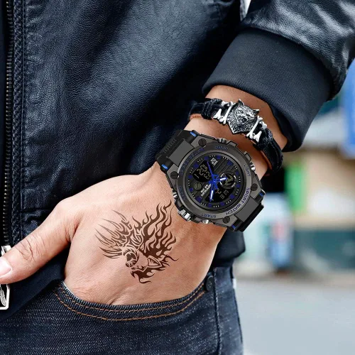 Vista 6 de BOSHIYA Reloj militar para hombre, resistente al agua, con alarma de fecha, cronómetro, multifunción, táctico, LED, esfera grande