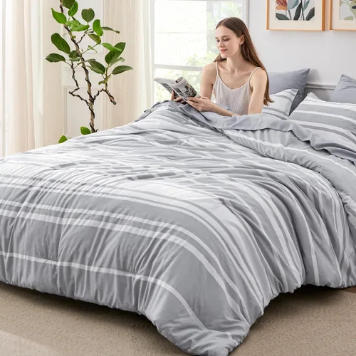Vista 19 de BEDSURE - Juego de edredón de 7 piezas, ropa de cama a rayas verde salvia para todas las estaciones, reversible, teñido catiónico, juego de ropa