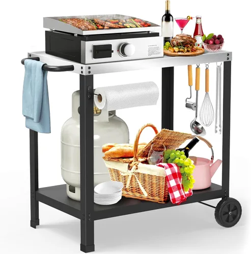 Vista 8 de Mesa de parrilla de 32x20 Pulgadas con Dobles Estantes, Carro de Parrilla al Aire Libre para Plancha Blackstone, Carro de Mesa de Horno de Pizza