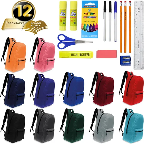 Vista 2 de Paquete de 24 mochilas escolares de 17 pulgadas con kits de 17 piezas de suministros escolares, paquete a granel esencial para estudiantes