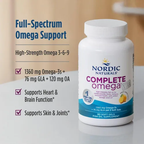 Vista 3 de Nordic Naturals Complete Omega Xtra, limón - 60 cápsulas blandas - 1,360 mg de omega-3 + 76 mg de GLA - Piel saludable - Cognición - Sin OMG - 30