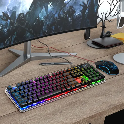 Vista 7 de Combo de teclado y mouse para juegos, teclado con retroiluminación LED RGB K1 con cable con 104 teclas para computadora, PC, teclado