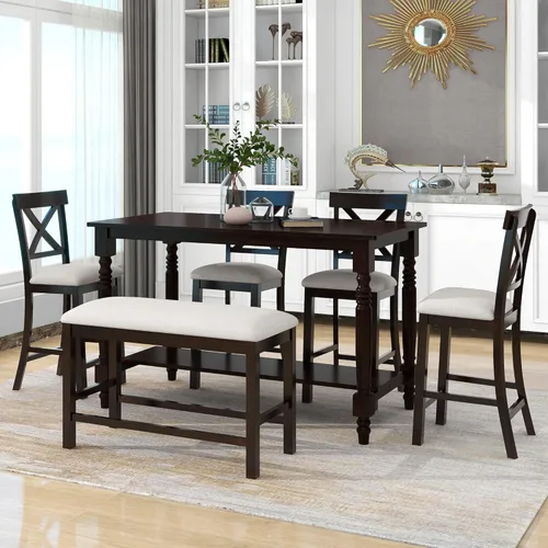 Vista 24 de Quarte Juego de mesa de comedor de 6 piezas estilo granja con 4 sillas tapizadas y banco, para restaurantes, apartamentos, muebles de sala de estar