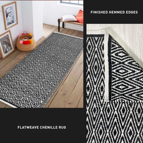 Vista 4 de Chardin home Alfombra de pasillo 100% algodón con diamantes de 2 x 5 pulgadas, totalmente reversible, lavable a máquina, blanco y negro