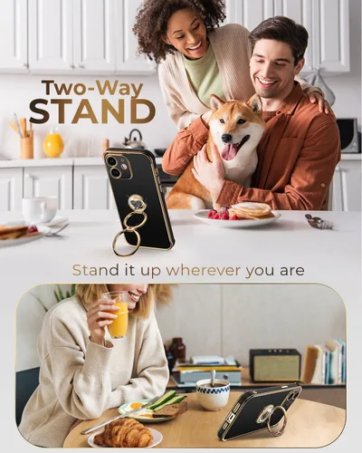 Vista 5 de XYZ Funda para iPhone 12 con Soporte, Funda para Teléfono con Soporte de Doble Anillo, Funda Protectora de Lujo Brillante para Mujeres y Niñas
