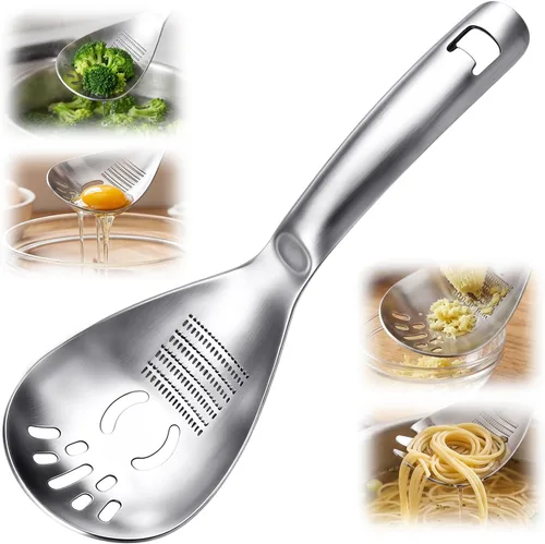 Vista 7 de Cuchara de cocina multifunción de acero inoxidable 5 en 1, cuchara ranurada Herramientas de cocina para triturador de ajo y patata, abrebotellas
