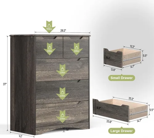 Vista 12 de Gizoon Cómoda de 5 cajones, cómoda negra para dormitorio con gran capacidad de almacenamiento, cómoda con mango integrado, dispositivo resistente