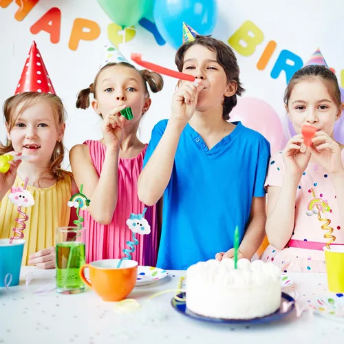 Vista 7 de Suministros para fiesta de cumpleaños de arco iris, pajitas de plástico para beber, 24 para niños y niñas, decoraciones de fiesta de nube arcoíris