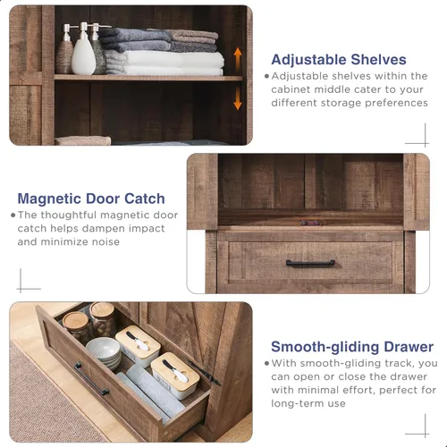 Vista 23 de Armario estilo casa de campo para despensa de cocina, muebles de madera de 72 pulgadas de alto con estantes ajustables, 2 puertas tipo granero