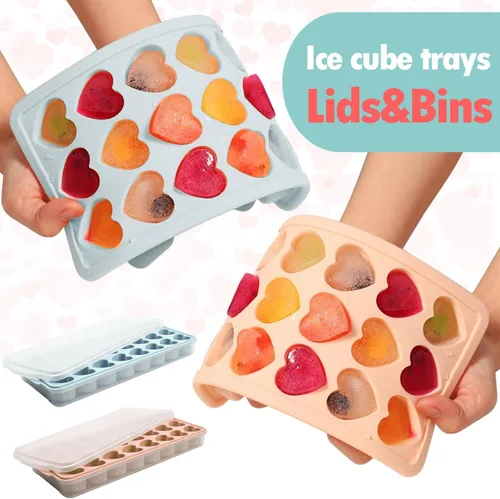 Vista 3 de 2 paquetes de bandejas para cubitos de hielo en forma de corazón con tapas y compartimentos, moldes de hielo con caja de almacenamiento de hielo, 48