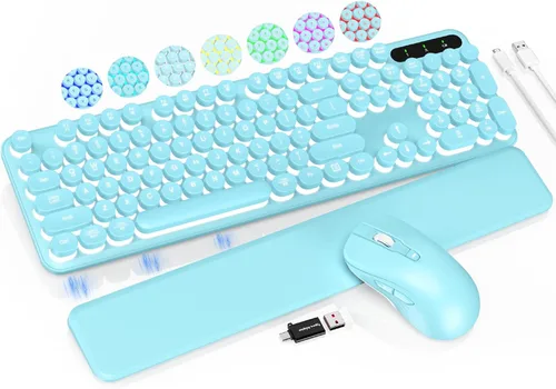 Vista 10 de Teclado y ratón inalámbricos retroiluminados - Teclado de máquina de escribir con reposamuñecas magnético, teclas redondas retro, letras iluminadas