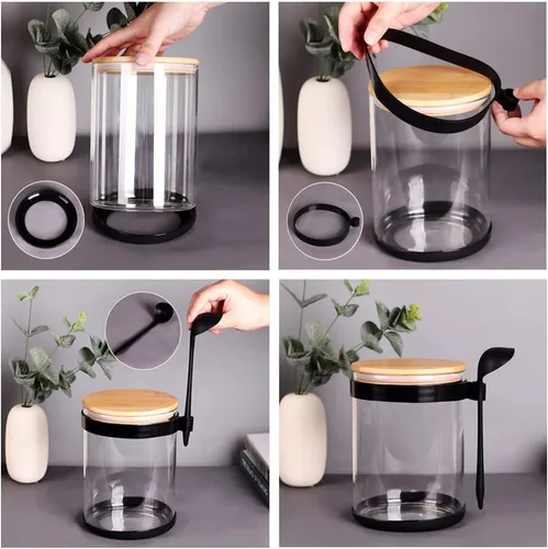Vista 3 de 2 recipientes grandes de cocina de vidrio con cuchara y tapas herméticas de bambú, recipiente de almacenamiento de vidrio de 100 onzas para harina