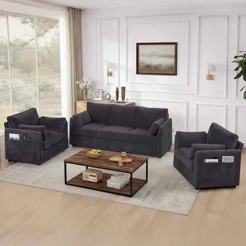 Vista 24 de Juego de sofás para sala de estar, sofás de corduroy de 3 plazas y silla individual, sofás para apartamentos y espacios pequeños