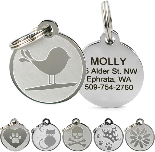 Vista 15 de Placas personalizables para mascotas, de acero inoxidable, para perros y gatos. Grabado personalizable con cuatro líneas de texto, elegante