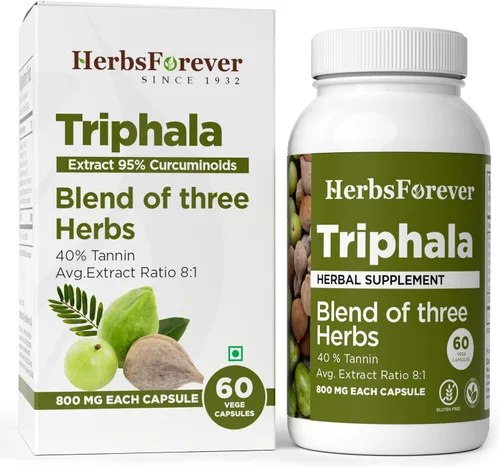 Herbsforever Triphala Cápsulas Extracto Ratio (8:1) 40% Amla, Haritaki & Bibhitaki para desintoxicación, limpieza y rejuvenecimiento diarios* 60