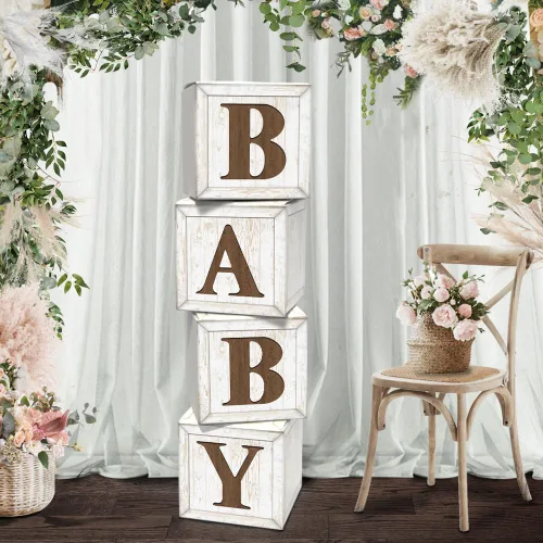 Cajas de baby shower para fiesta de revelación de género, decoración neutra de centro de mesa de baby shower, cajas de grano de madera con letras de