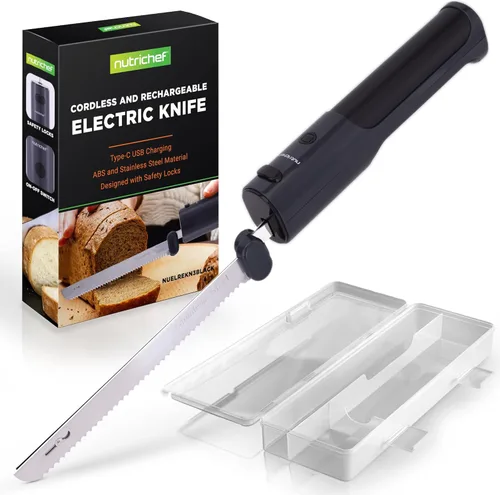 Vista 9 de NutriChef Cuchillo eléctrico inalámbrico Botón de seguridad fácil de usar con función constante de ENCENDIDO/APAGADO Para cortar pavo, carnes