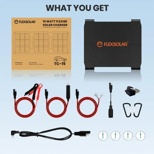 Vista 7 de FlexSolar Kits de mantenimiento de cargador de goteo de panel solar plegable de 15 W, salida USB y CC de 12 V con controlador integrado, incluye
