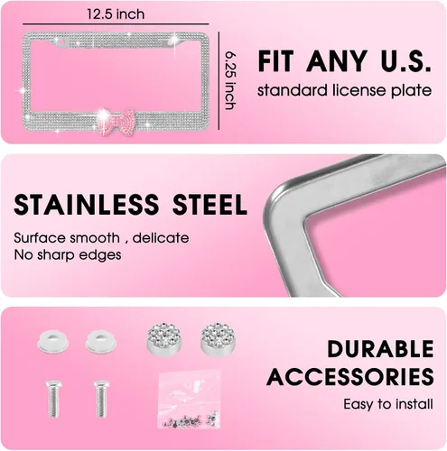 Vista 5 de Marco de matrícula brillante, marco de matrícula de acero inoxidable premium hecho a mano con diamantes de imitación brillantes, cristal