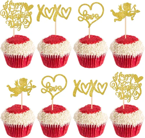Vista 12 de Paquete de 24 adornos para cupcakes para el día de San Valentín con purpurina de corazón dulce para pies de bebé, decoración de cupcakes para el día