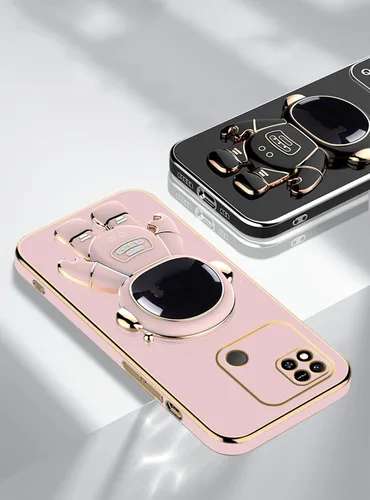 Vista 2 de Compatible con Redmi 10A Funda con soporte de dibujos animados de astronauta creativo chapado rosa, para Xiaomi Redmi 10A, funda de teléfono de Negro