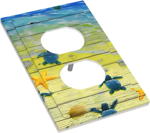 Vista 3 de Placa de Pared Tropical Océano Playa Azul Turquesa Tortuga Marina 1 Pandilla Cubiertas de Salida Duplex Receptáculo Placa Frontal Eléctrica