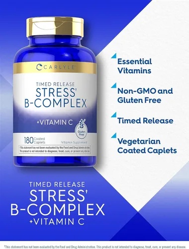 Vista 4 de Carlyle Stress B-Complex Vitamina 180 cápsulas vegetarianas con vitamina C Suplemento sin OMG y sin gluten