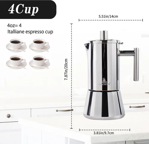 Vista 2 de LAOION Cafetera de Espresso para Estufa, Olla Moka de 4 Tazas 6.8 oz, Cafetera Cubana y Italiana de Acero Inoxidable para Cafetera Cubana