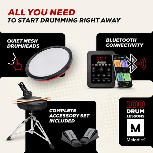 Vista 2 de Alesis Turbo Max Set de Batería Eléctrica con Almohadillas de Malla Silenciosas de 8", Lecciones, Bluetooth y Accesorios, Plegable