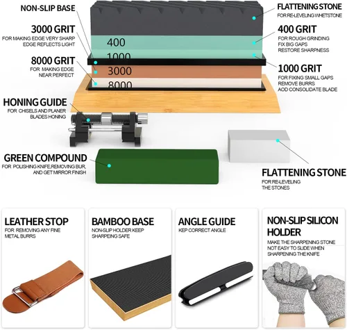 Vista 2 de Afilador de cuchillos de piedra de afilar, piedra de afilar cuchillos Premium 4 Side Grit 400/1000 3000/8000 Kit de afilado de piedra de agua