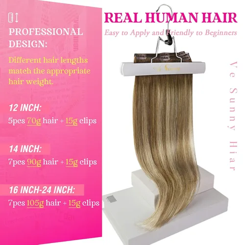 Vista 2 de Ve Sunny Extensiones de cabello humano real con clip balayage, color marrón castaño degradado a rubio, 12 pulgadas, 5 unidades, 2.82 onzas