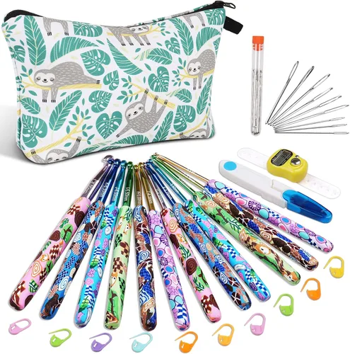 Vista 9 de Coopay Ganchos de ganchillo cálidos de agarre cómodo, mango de margarita verde para principiantes, juego de ganchos de ganchillo de eje de aluminio