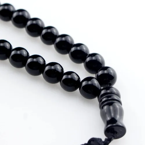 Vista 4 de Musulmanes islámicos Dhikr Tasbeeh Tasbih - Cuentas de oración, 33 cuentas de piedra de ágata negra con borla