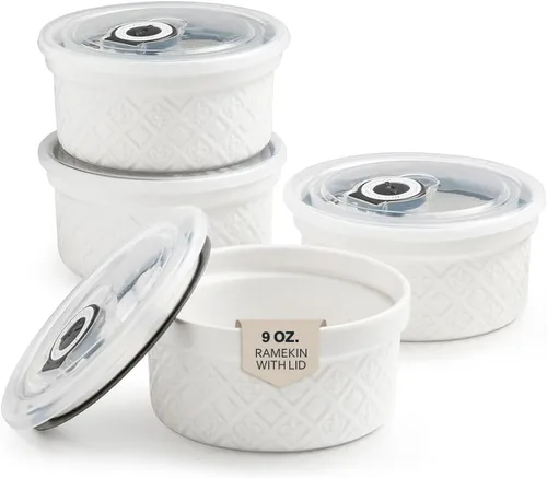 Vista 17 de Ramequines de 177 ml con tapas aptos para horno, pequeños ramequines de crema catalana con cubiertas, juego de 4 ramequines de cerámica, tazones