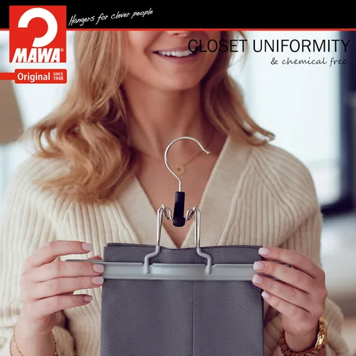 Vista 4 de Mawa by Reston Lloyd - Percha antideslizante con abrazadera para pantalones y faldas, estilo M/26, juego de 6, color plateado